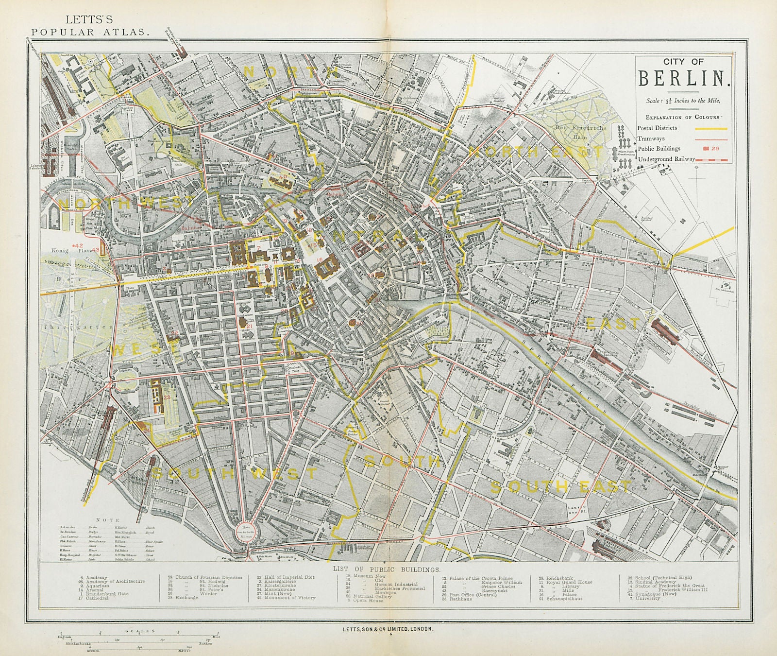 BERLIN antique town city map plan. Tramways U-Bahn Postal districts LETTS 1883